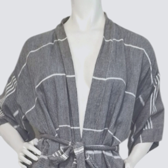 Gray Bohemian Coastal Striped Fringe Hem Belted Kimono Cardigan Size L - Picture 2 of 9
